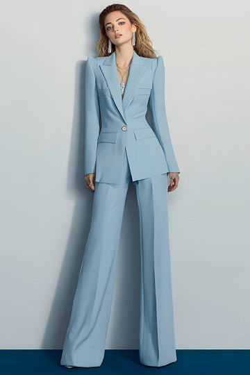 2-Piece Peak Lapel Slim Fit Grey Blue Women Suits